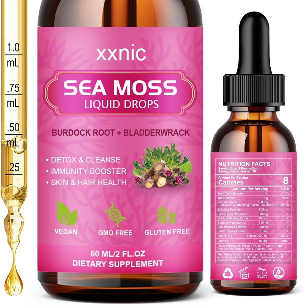 Sea Moss Advanced Liquid Drops, 3000mg Organic Sea Moss Liquid with Black Seed Oil & Irish Seamoss Gel, Surová Moss Support Imunity, Joint, Digestive Health, 60mL-L8