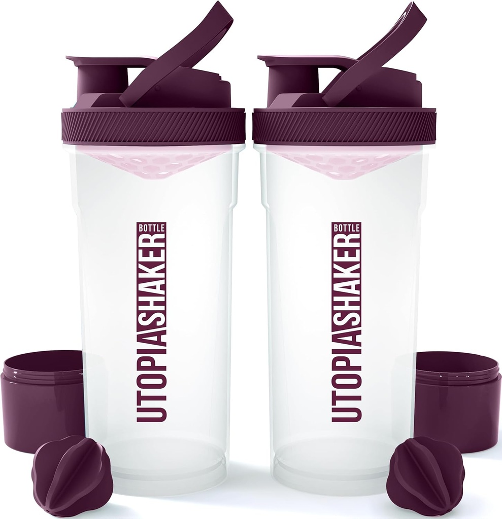 Utopia Home Shaker Lahvička 2 Pack - 24 Ounce Plastic Protein nebo Cocktail Shaker Lahvička pro Pre & Post cvičení s Twist & Lock Protein Box Storage (Clear / Plum)