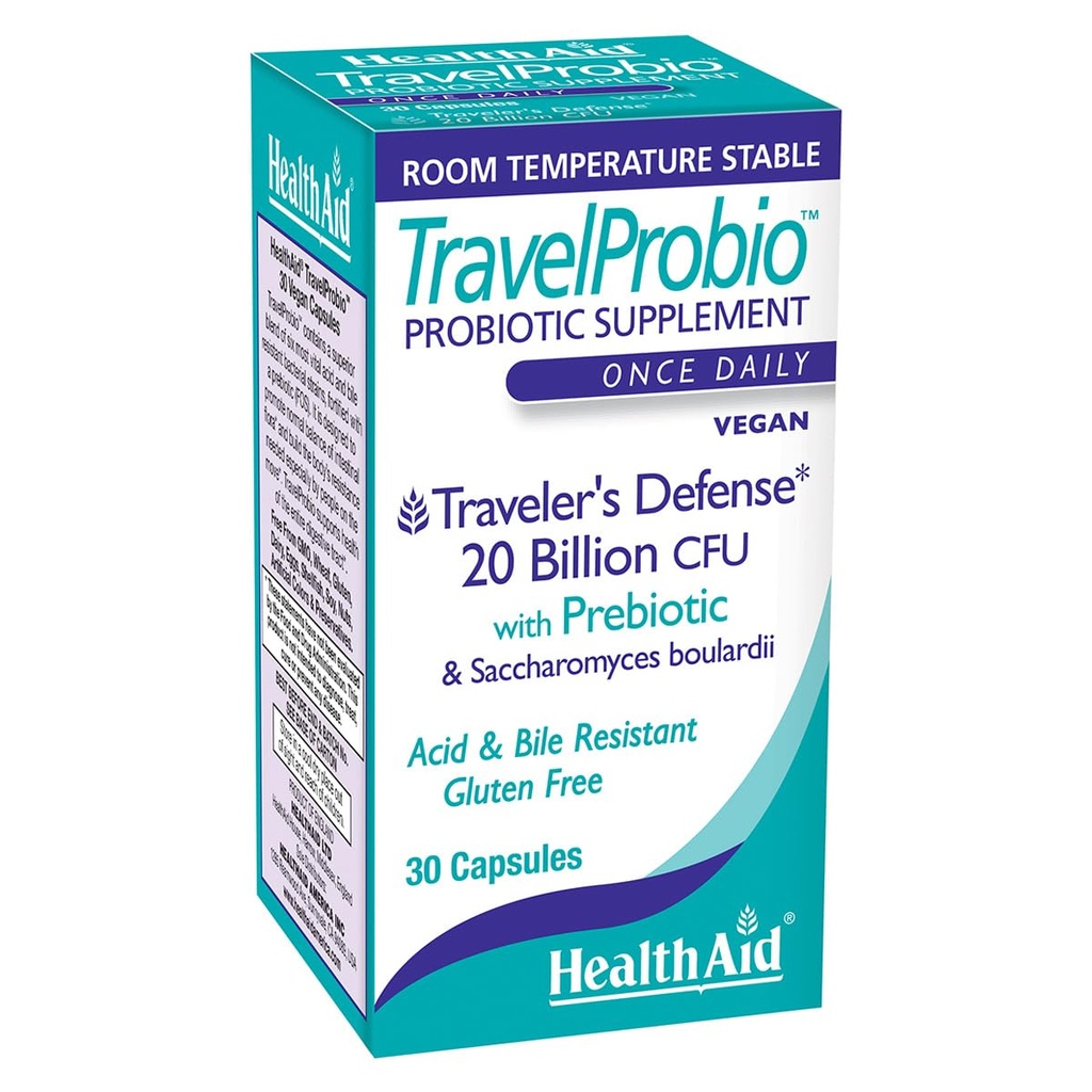 HealthAid TravelProbio 20 Billion CFU Probiotic - Saccharomyces boulardii + Prebiotic (FOS), Acid & Bile Agresivant - Jednou denně Vegan, Gluten cFU Free, Room Romp Stable - Travel Digestive Support