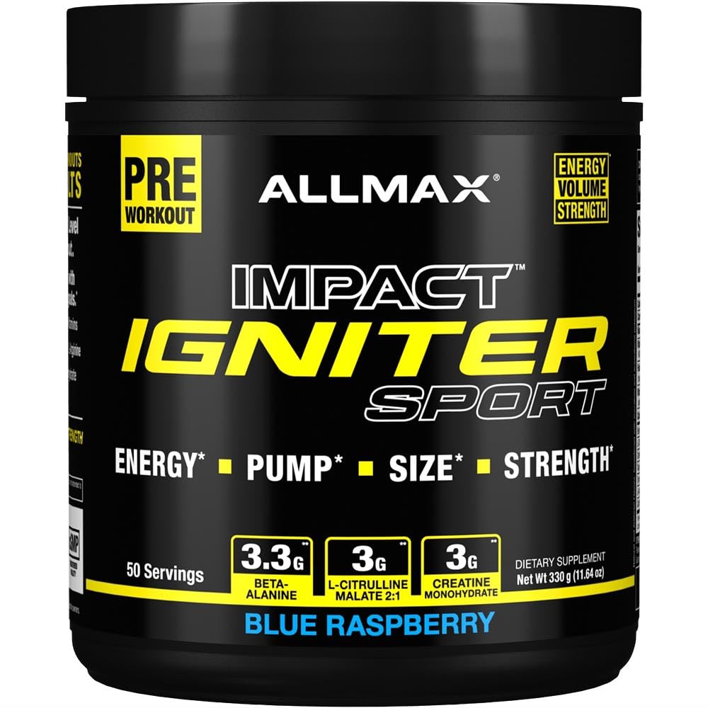ALLMAX IGNITER Sport, Blue Raspberry - 330 g - Předcvičení Formule - s kofeinem, L- Citrulin, L- Arginin, Creatine & Beta Alanin - Až 50 Služeb