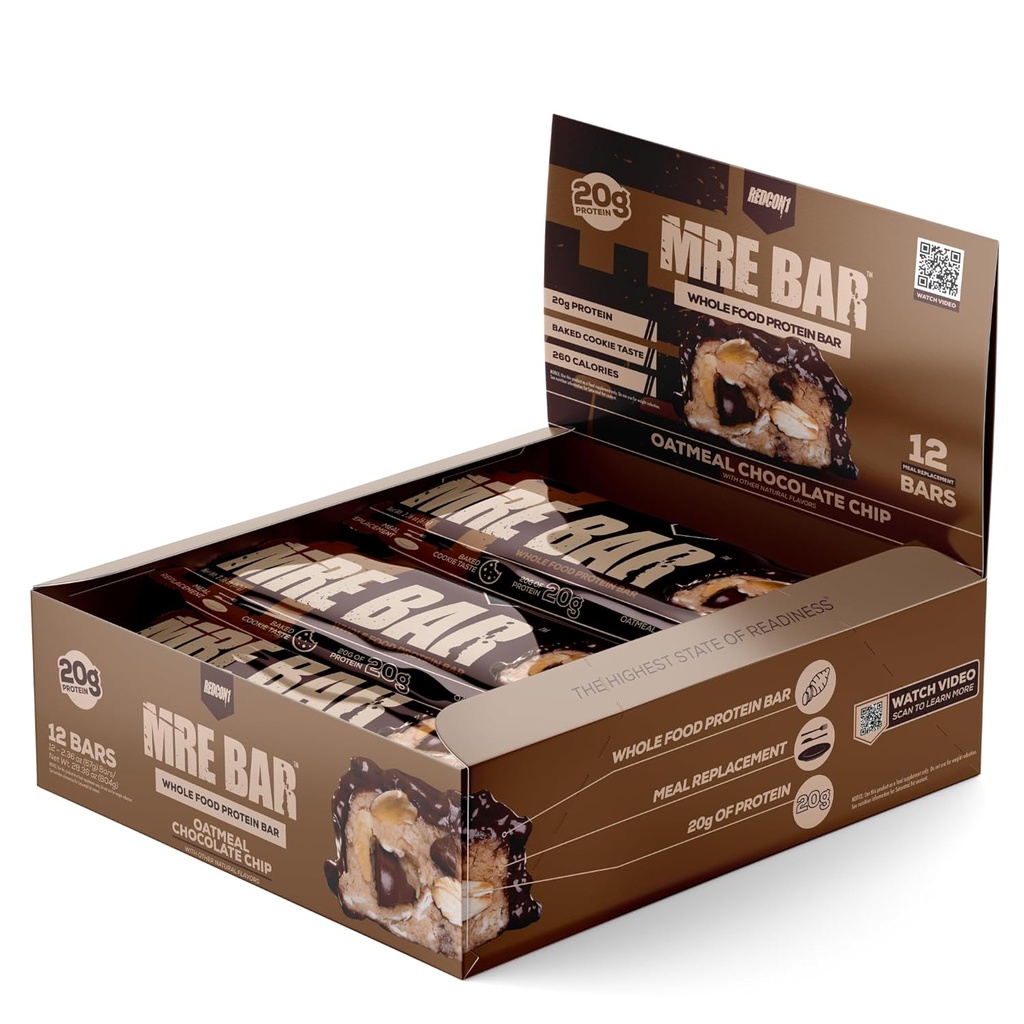 REDCON1 MRE Protein Bar, Ovesná mouka Čokoláda Chip - Obsahuje MCT Oil + 20g celého potravinového proteinu - snadno stravitelné, Makro vyvážený nízkocukrový jídelní bar (12 barů)