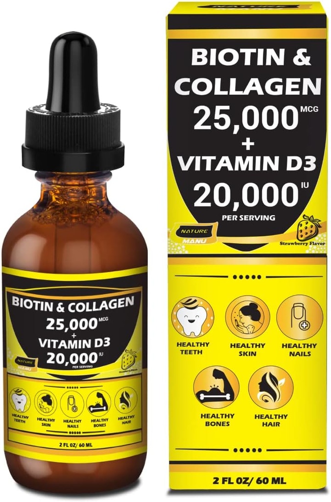 Příroda Manu-Premium 25,000mcg Liquid Biotin & Collagen + 20,000iu Vitamin D3 All- in- one Wellness Daily Drops. Podporuje zdravou pleť, silnější nehty, růst vlasů. Chutné jahodové aroma - 2 FL OZ / 60 ML