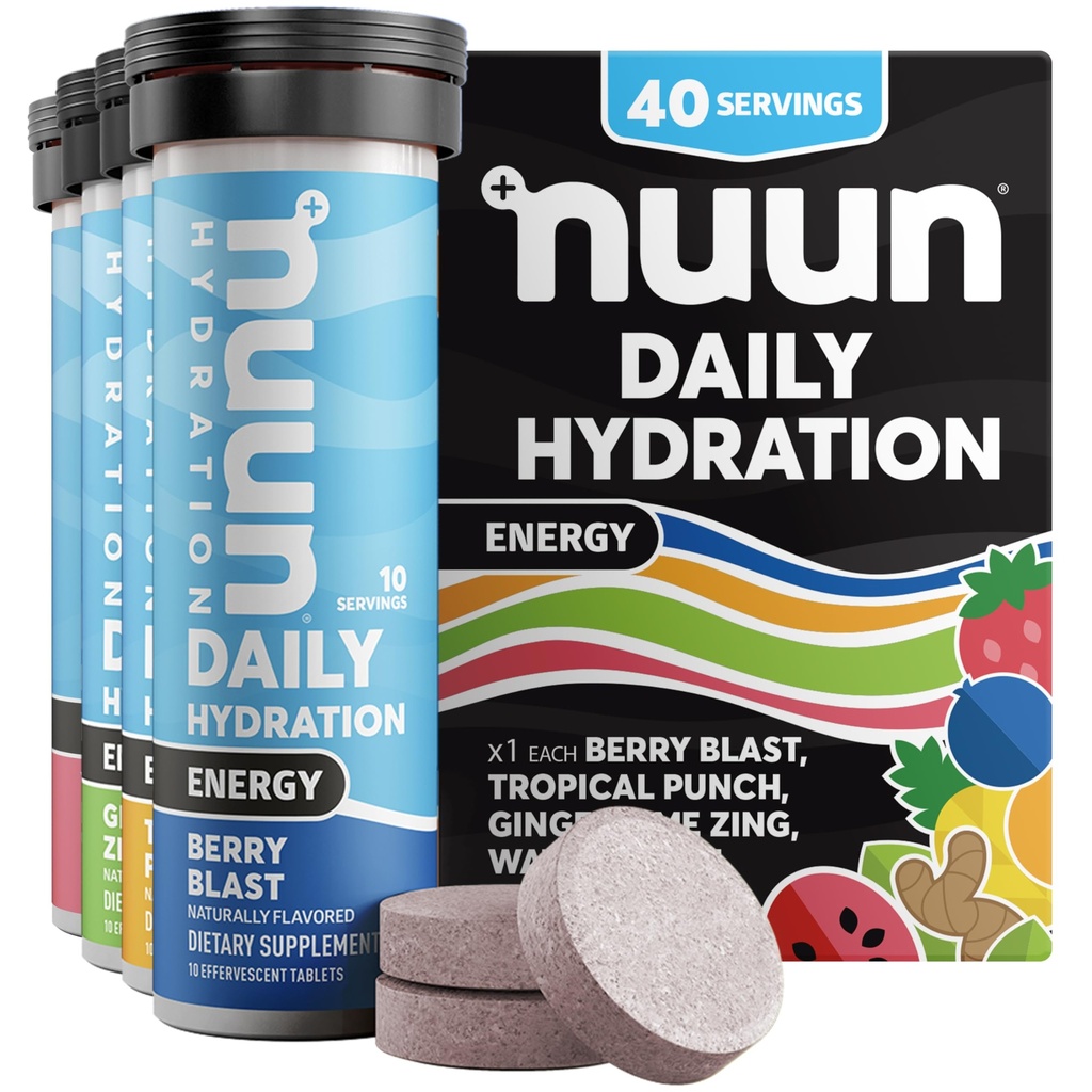 Nuun Energy Electrolyte Tablets with Ginseng, Caffein from Green Tea Extract, Vitamin B12, B6, B5, Magnesium & 4 Other Electrolytes, Gluten Free & Vegan, Mixed Flavors, 4 Pack (40 Služeb celkem)