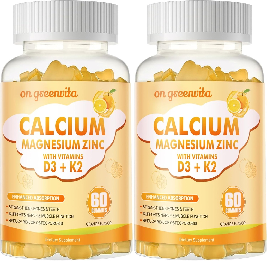 Vápník hořčík zinkové gumy s vitamínem D3 & K2 - vysoká potence zvýšené absorpce -120 pomerančové gumy ochucené
