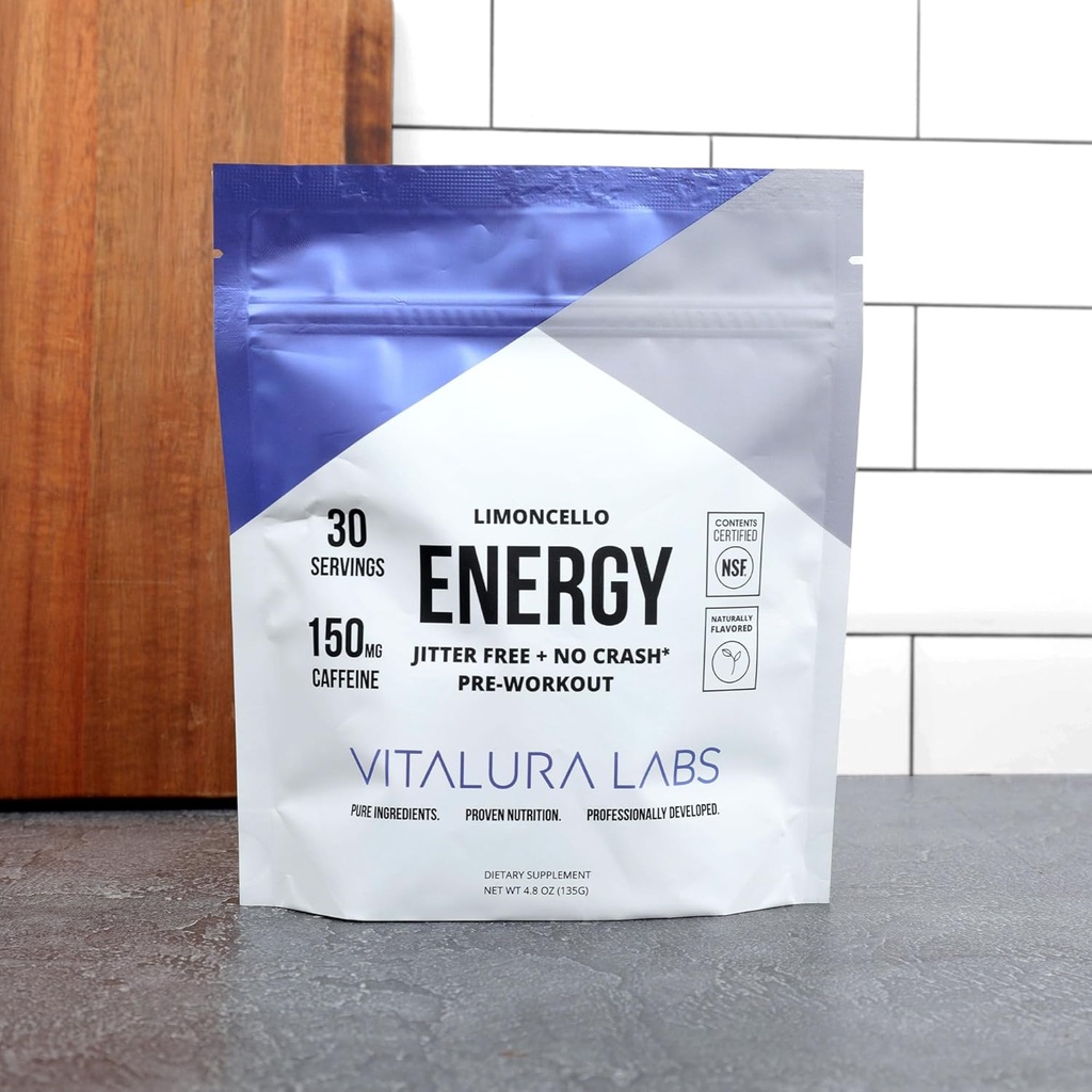 Vitalura Labs Pre- Workout Powder - Caffeine, Theacrin, Rhodiola & L- Theanine for Energy & Endurance - NSF Content Certified - Limoncello Ochucené - 30 Služeb