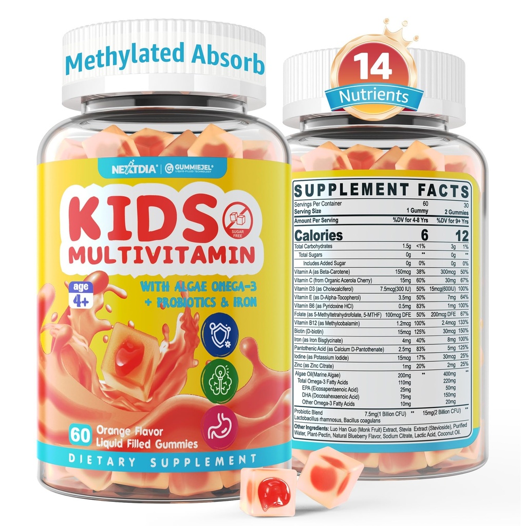Děti Multivitaminové žvýkačky se železem, bez cukru, Dětské denní vitamíny + Probiotika, Řasy Omega 3 (EPA / DHA), A, C, D, Methyl B12, Folát, B6, zinek, Biotin, pro zdravý růst, imunitní podpora, 60 Počet