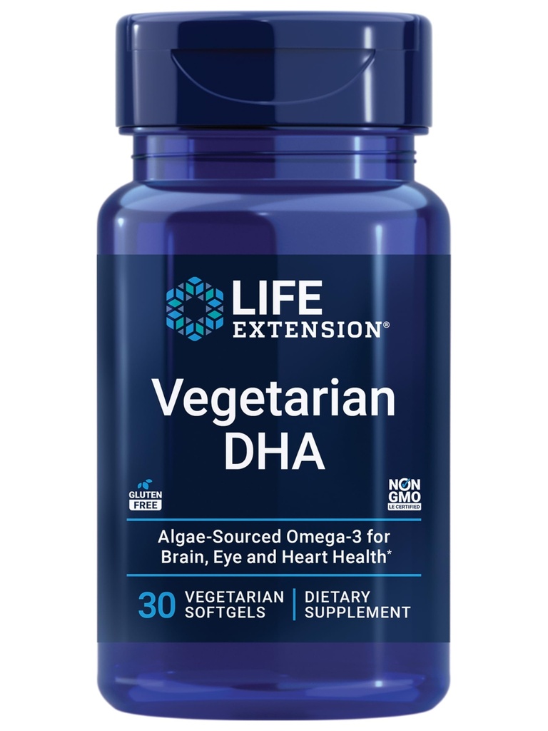 Life Extension Vegetarian DHA, Omega-3 z Řasy pro rozpoznání, Mood & Eye Health, Gluten- Free, Non- GMO, Vegan, 30 softgels
