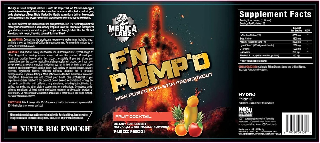 "Merica Labz F 'N Pump' d Stimulant Free, Nitric Oxide, Fully Dosed, Pump PreWorkout Powder (20 Serving) (Ovocný koktejl)