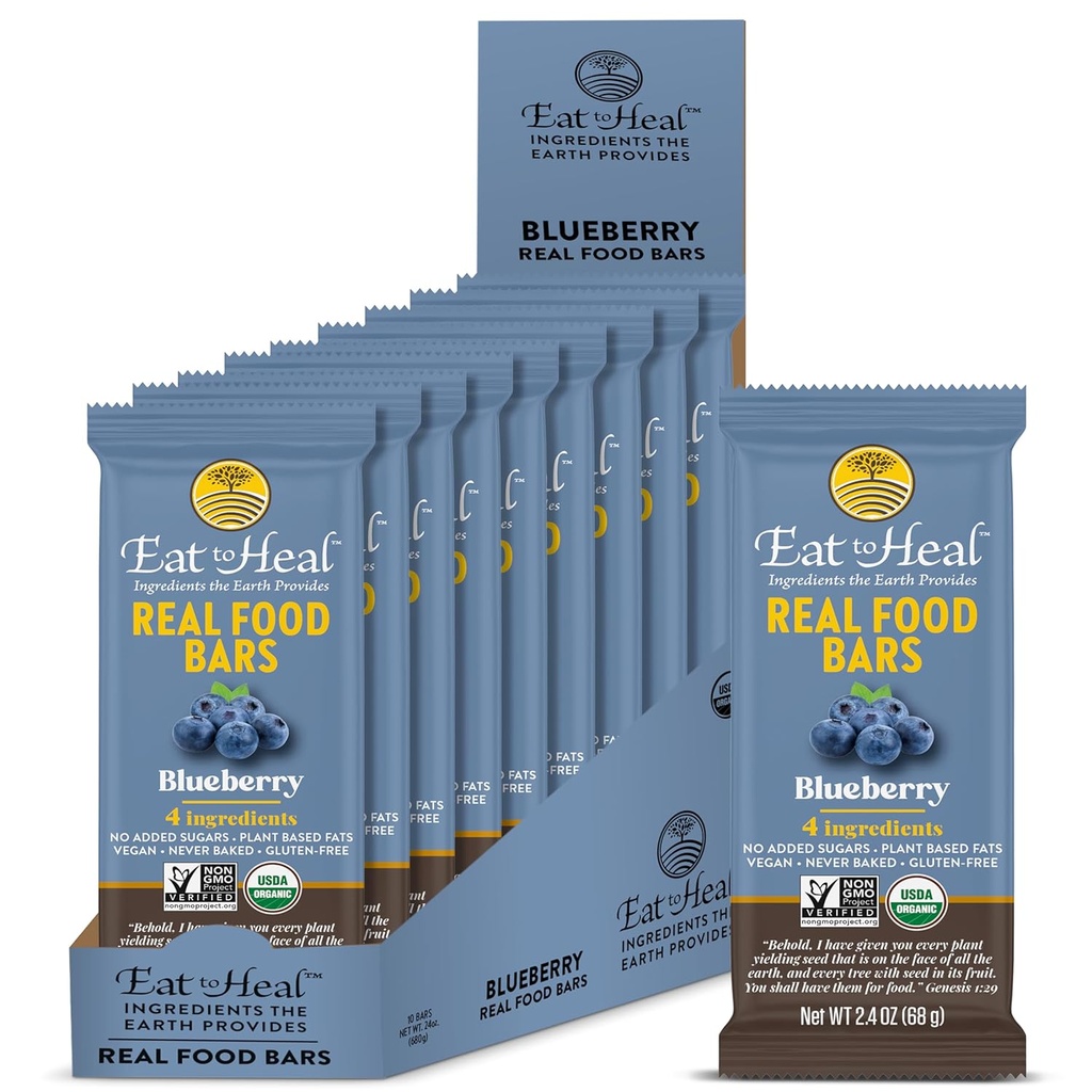 EatToHeal Blueberry Real Food Bar - Organic Protein Bars, Vegan Food, Zdravé gluten Free Protein Food - Nízký cukr Protein Bary, Non GMO, Nikdy pečený, Plant based Organic Snacks - Vyrobeno k užitku
