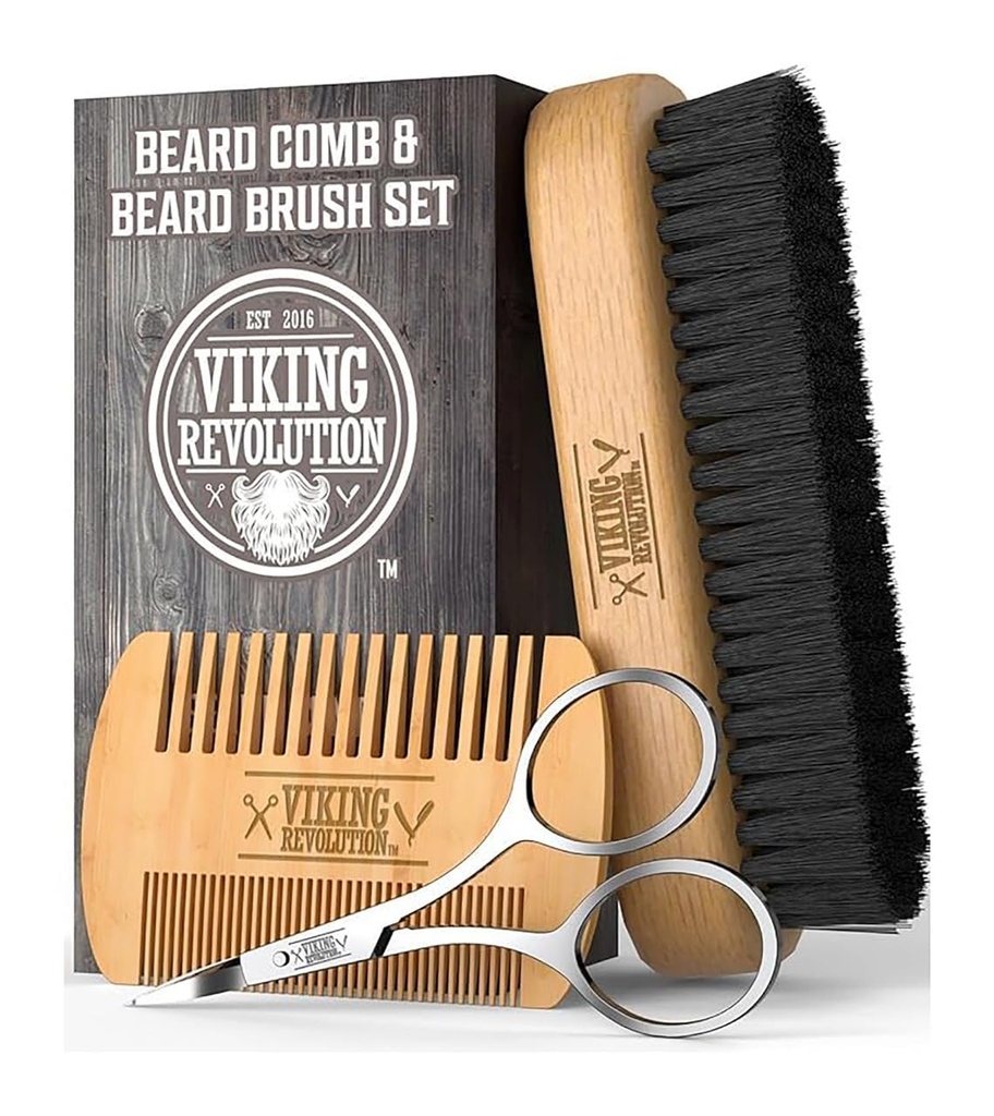 Viking Revolution Beard Comb & Beard Brush Set for Men -- Natural Boar Bristle Brush and Dual Action Pear Wood Comb w / Velvet Travel Pouch - Skvělé pro grooming Beards and Mustaches