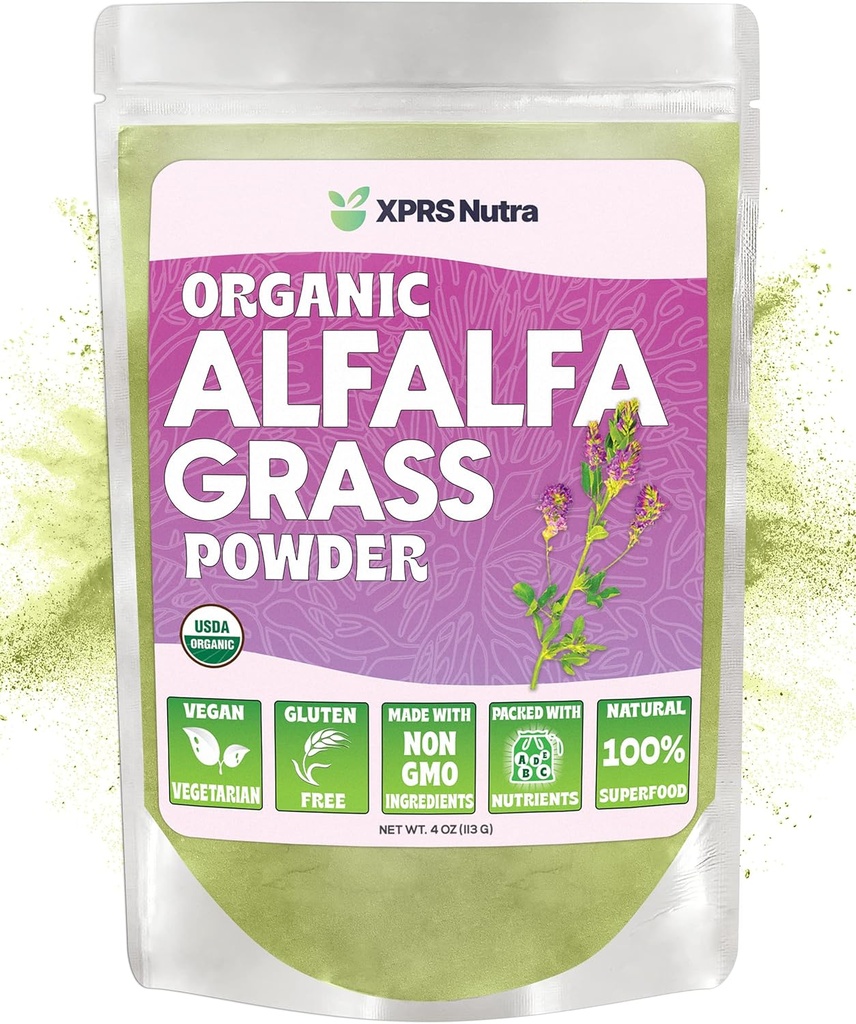 XPRS Nutra Organic Alfalfa Powder - Premium Vegan dodatek bohatý na vápník, antioxidanty, vitaminy - Zemědělský Alfalfa dodatek pro děti a dospělé - Vegan Friendly Zdravý list (4 Ounce)