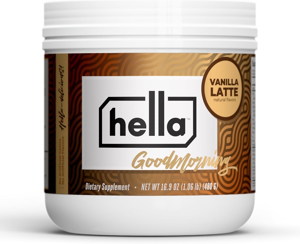 Hella Nutrition Goodmorning Coffee Alternative Natural Caffeine s houbou Káva Sublidment 124; Protein, kolagen, Vitamíny B-12 & D, Electrolytes, & Minerály OF 124; Non GMO (20 Servings, Vanilla Latte)
