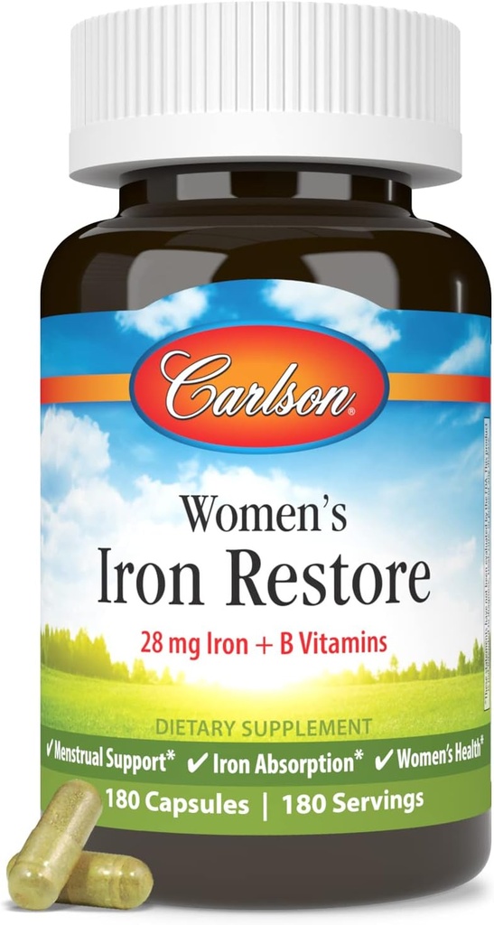 Carlson - Dámská železná obnova, 28 mg Iron + B Vitamíny, Menstruační podpora, Absorpce železa a zdraví žen, 180 Kapsle