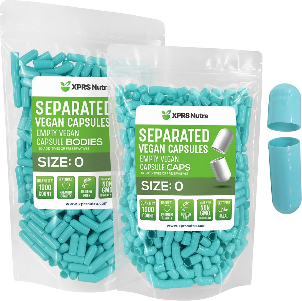 XPRS Nutra Vegan Velikost 0 Oddělené kapsle - 1000 Hrabě Premium Prázdné kapsle Oddělené v sáčcích - Pilulky 0 pro DIY dodatek Plnění (Aqua)