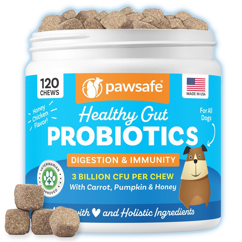 Probiotika psa, Honey Chicken Flavor, 120 Měkké Chews pro trávicí & Gut zdraví, Imunitní Supplement, Plynová pomoc, Anti- Diarhea, Pomáhá s alergie, Upset Stomachs, Yeast a Itchy Skin