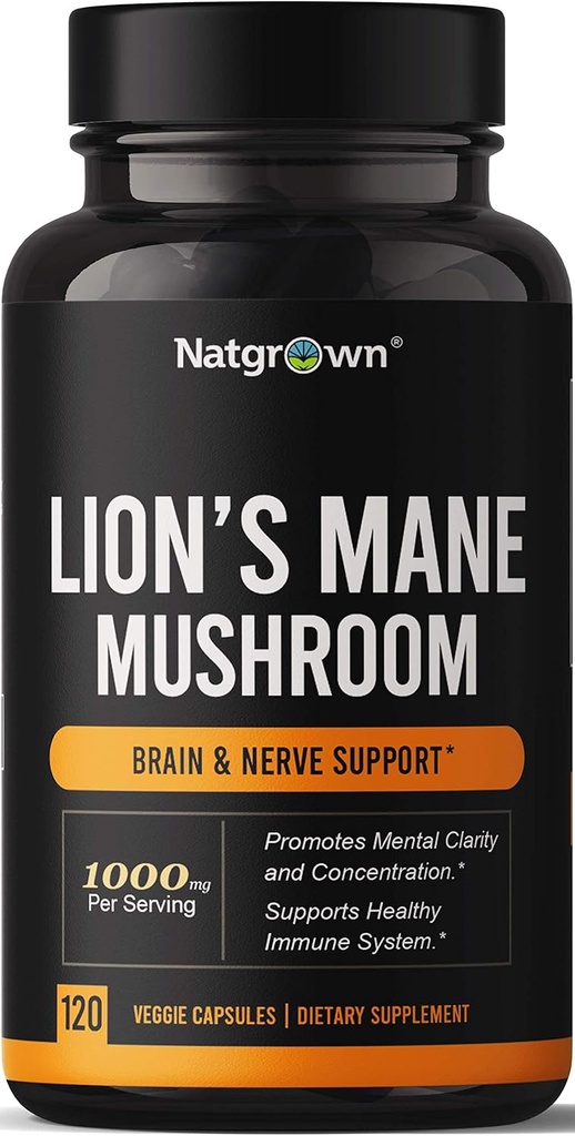 Natgrew Lions Mane Houbový dodatek Kapsle - Organic Lion 's Mane Extract Nootropní Mozek Dodatek pro muže a ženy - Promotes Mental Clarity, Focus, a Paměť - Vegan pilulky