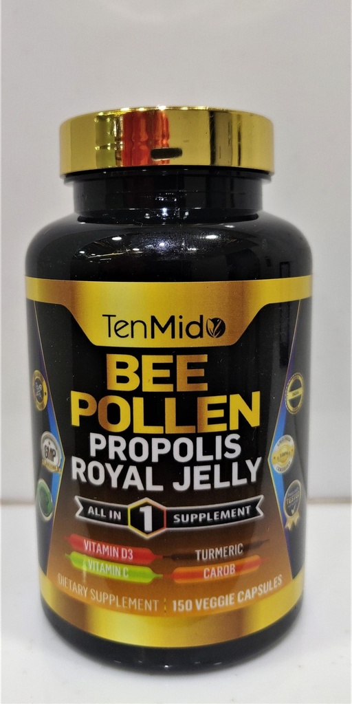 Bee Pollen Kapsle pro muže a ženy, 7- in-1 Formule s Propolis, Royal Jelly, Turmeric, Carob & More - Energy, Imunity, Digestive Support - Bohatá na výživu, Vitamíny - 150 Kapsle