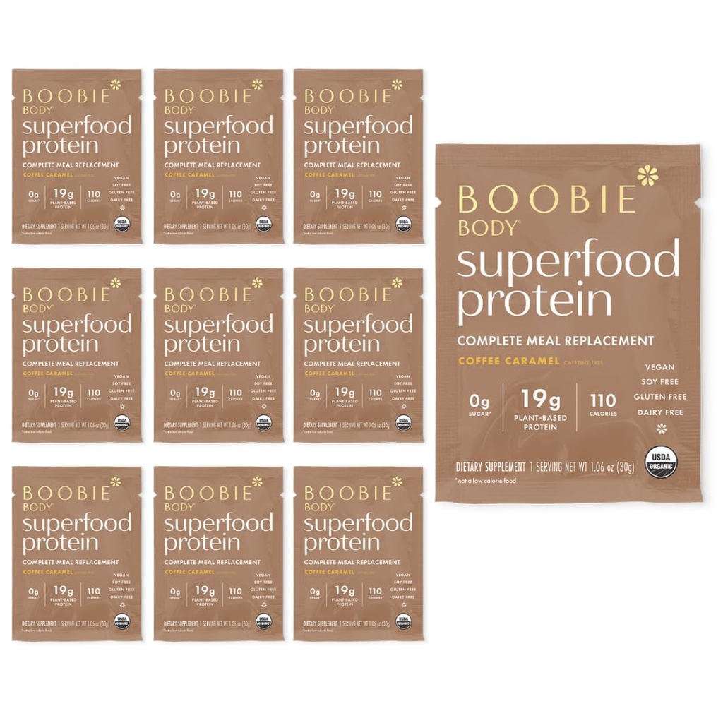 Boobie Body Superfood Protein Strava Náhrada Shake, Káva Karamel Flavor 124; 19g Protein 124; Bezpečné pro těhotenství, Kojení, & Mateřství 124; Organic, Vegan, Nulový cukr, 10 Single Serve Packets (1.06 oz každý)