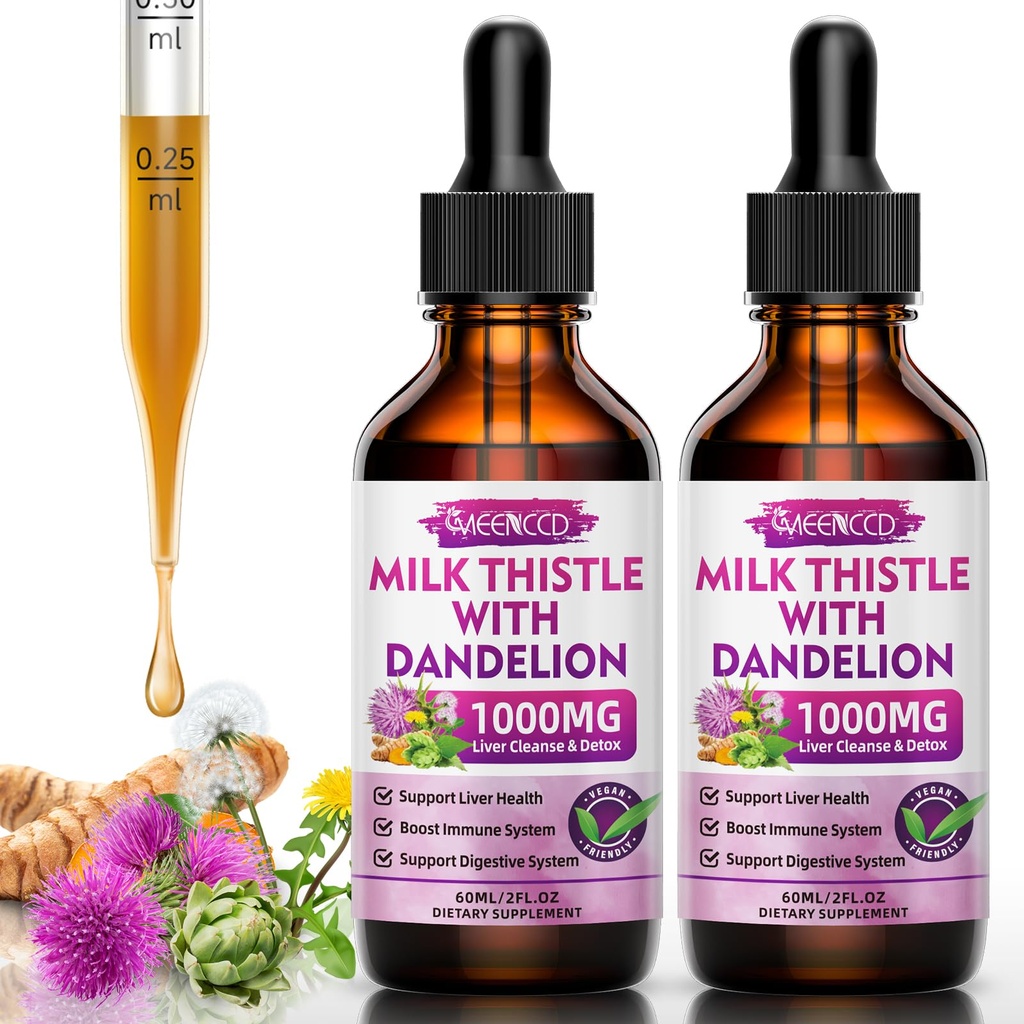 2 balení Mléko Thistle tekuté kapky - Játra čištění Detox & Opravy - 1000mg Mléko Thistle dodatek pro podporu jater, Silymarin dodatek pro játra zdraví, Vegan, Non- GMO, 4 Fl Oz