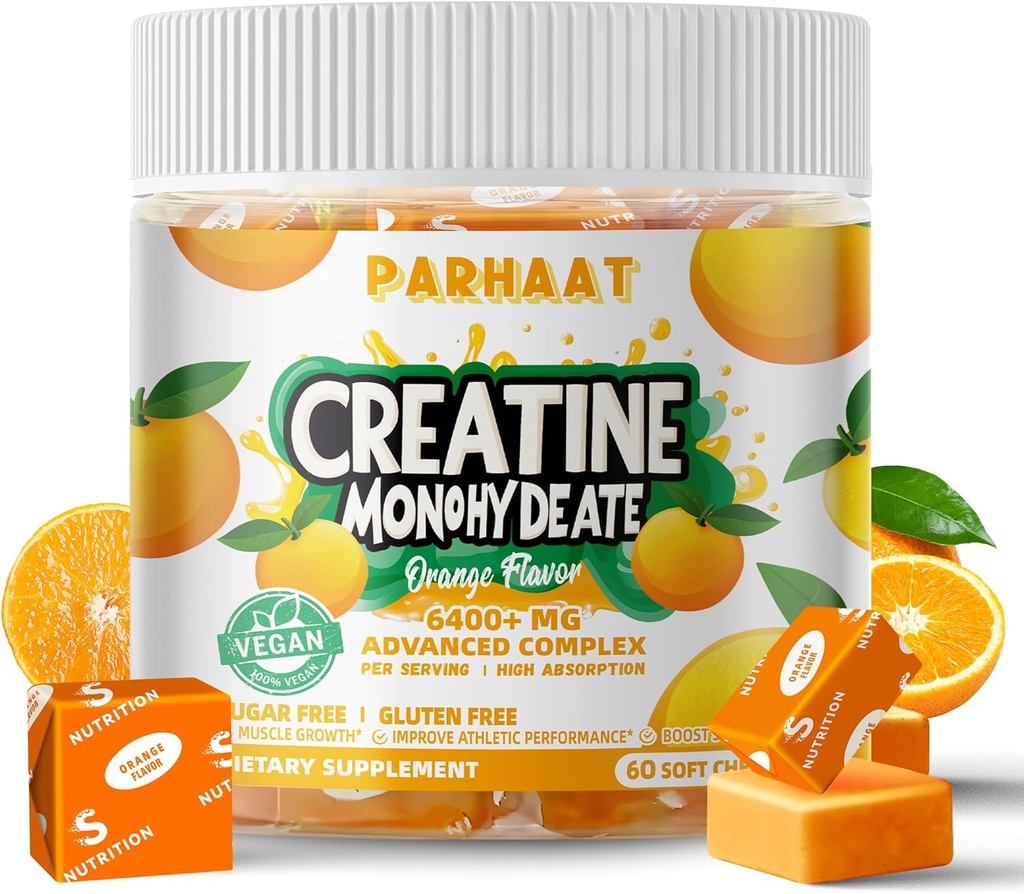 Creatine Monohydrát Žvýkací Complex 6400mg pro muže a ženy - Advanced Formule W / L- Taurie + vitamin B12, Bezcukrový Žvýkací doplněk, 60 Orange Softchews