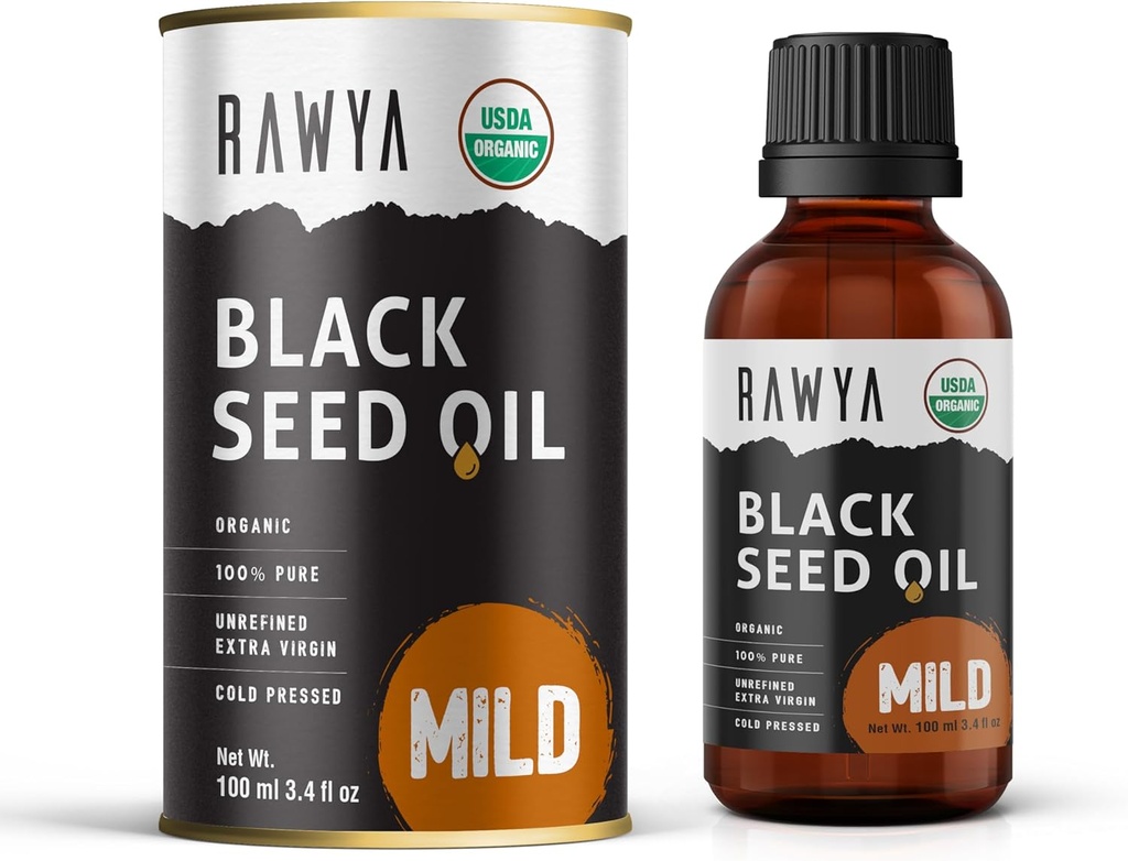 RAWYA Black Seed Oil - Cold Pressed - Black Cumin Seed - Premium Nigella Sativa - Omega 3 6 9 - Kalonji pro pleť a zdravé vlasy - Non- GMO, gluten- Free - Wellness Oil - Mild Flavor - 3.4 Fl Oz