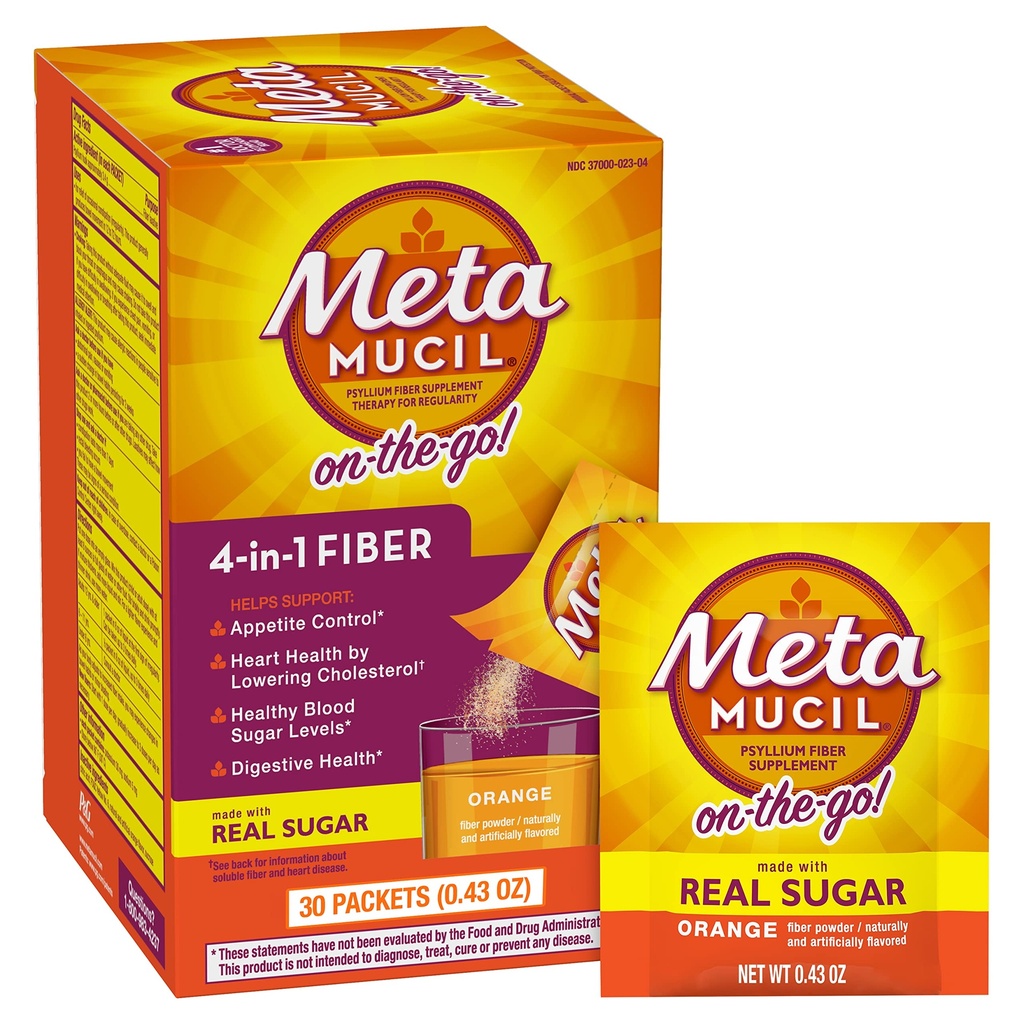 Metamucil On- theGo, Denní Psylium Husk Powder Supplement with Real Sugar, 4- in-1 Fiber for Digestive Health, Orange Smooth Ochucený nápoj, 2 balení x 30 počet = 60 Balení Celkem