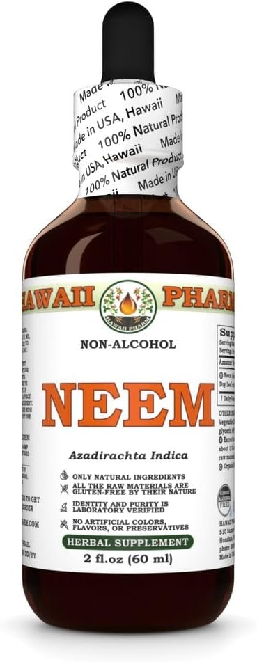 Neem Alcohol- Free Liquid Extract, Organic Neem (Azadirachta Indica) Sured Leaf Glycerite Natural Herbal Supplement, Hawaii Pharm, USA 2 fl.oz