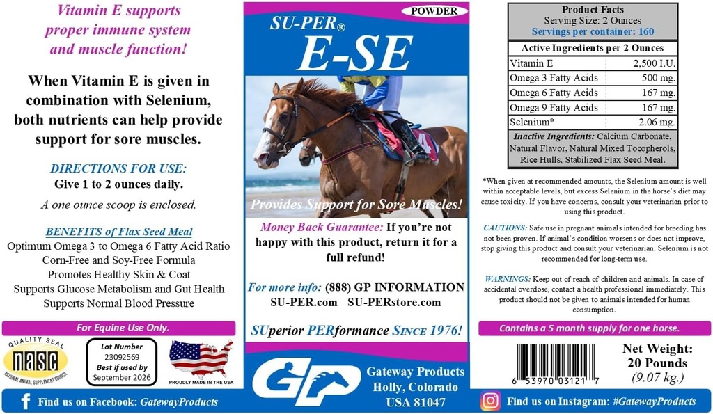 SU-PER E-Se Koně Antioxidant Supplement - Vitamin E & Selen pro podporu SORE svalů - 20 liber