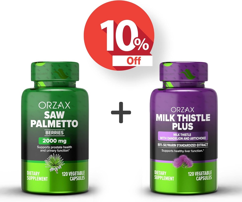 ORZAX Saw Palmetto 2000 mg 120 Vegetabilní Kapsle a Mléčné Thistle Plus s Tableta 120 Vegetabilní Kapsle, Bundle