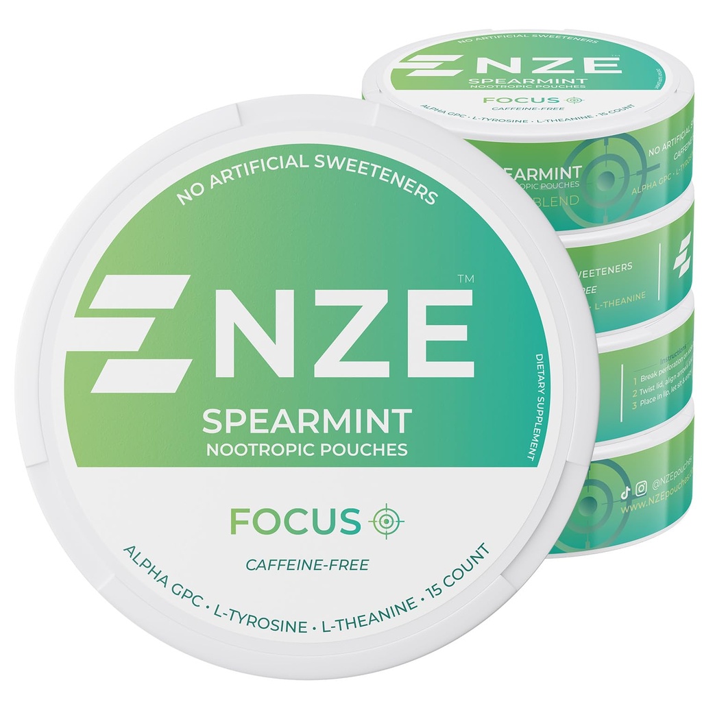 NZE Caffeine Free Nootropní Pouches (Spearmint) - Nootropní Pouches s Alpha GPC, L-Tyrosin & L-Theanine - No Cukr nebo umělé sladkosti - 15 Nicotine Free Pouches per Can - 5 Pack