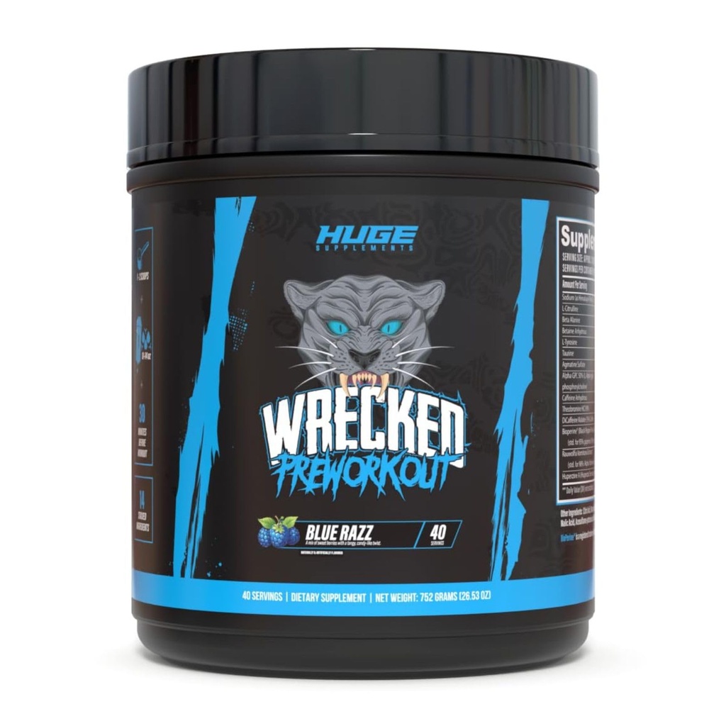 Wrecked Pre Workout Powder, Advanced Formule, Zvyšuje energii, Focus, Čerpadla & Performance, 10g L-Citruline, 6.4g Beta Alanine, 5g Tyrosin, 1g Alpha GPC, 375mg Fast- acting Caffeine & More (40 Služeb)