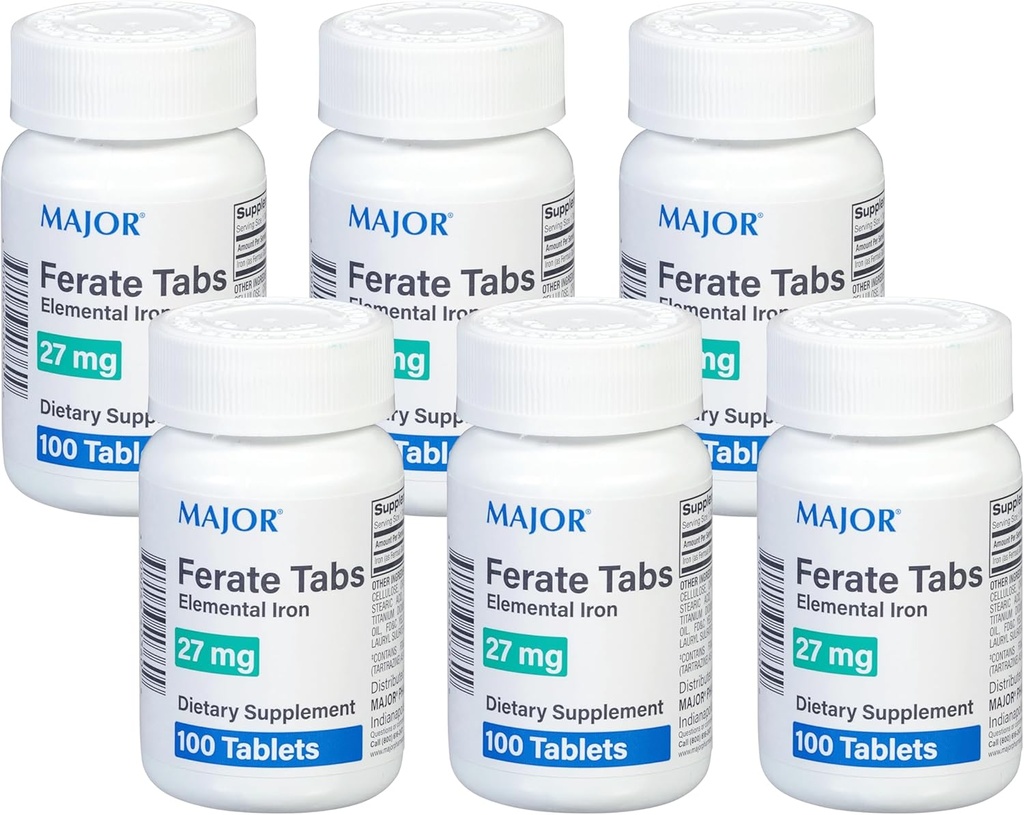 Hlavní 27 mg Ferate Tabs - Ferrous Gluconate Elemental Iron Dieter Supplement - 100 Počet (6 balení)