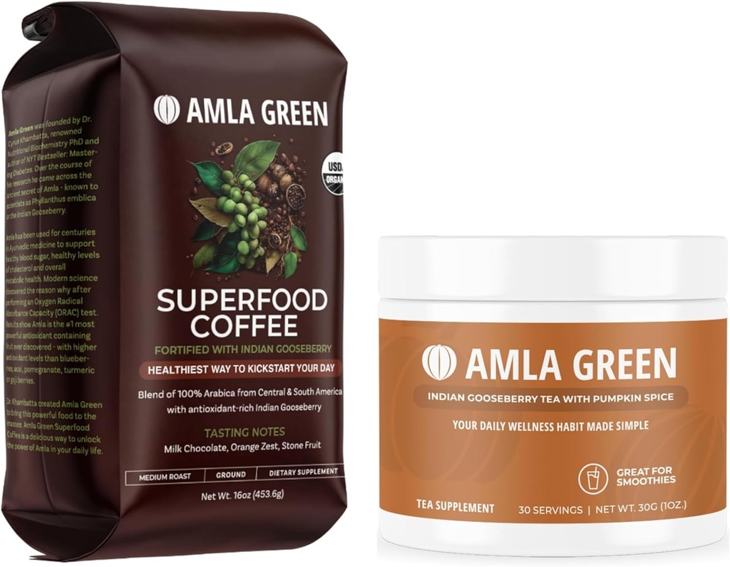 Amla Green Organic Ground Superfood Coffee and Amla Powder Superfood Supplement with Pumpkin Spice, 20x Ultra koncentrovaná Amla