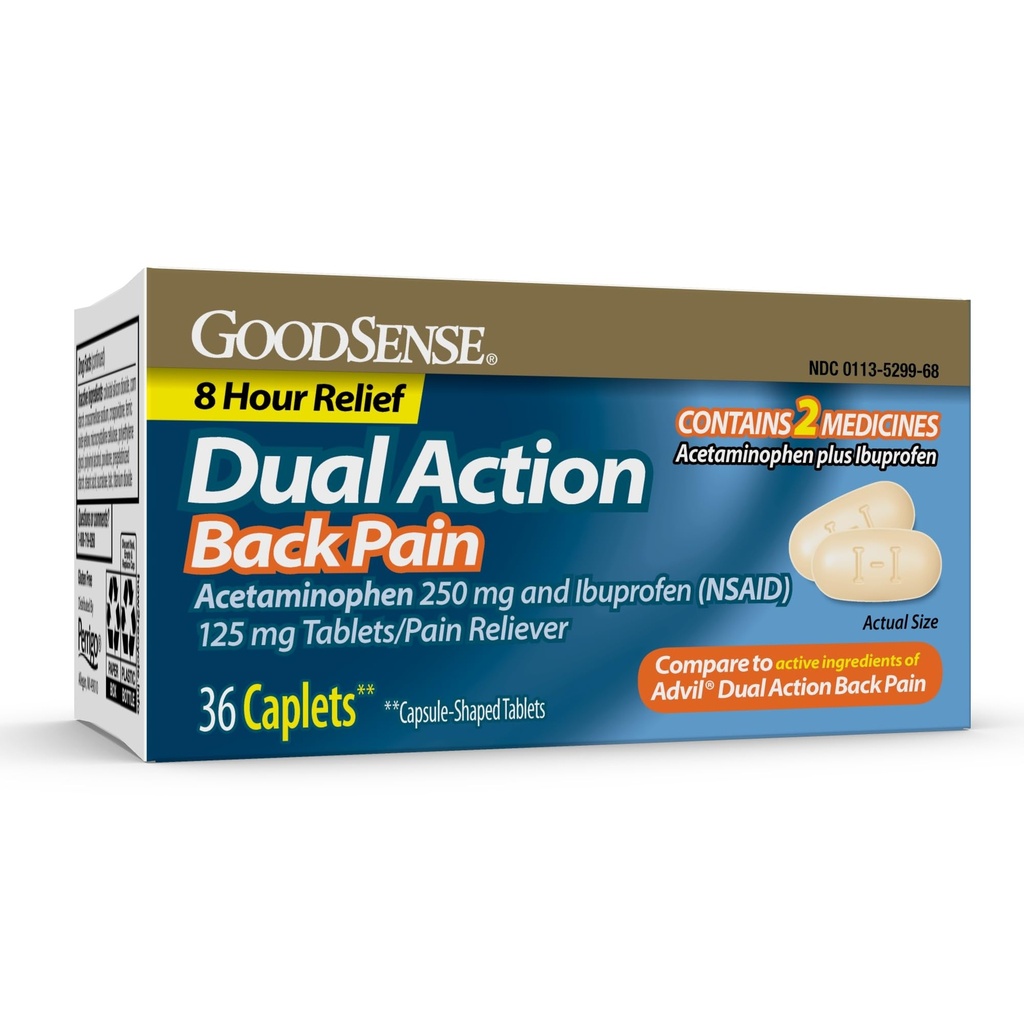 GoodSense Dual Action Acetaminofen a Ibuprofen (NSAID) Tablety, 250 mg / 125 mg, Bolest zad, 36 Počet