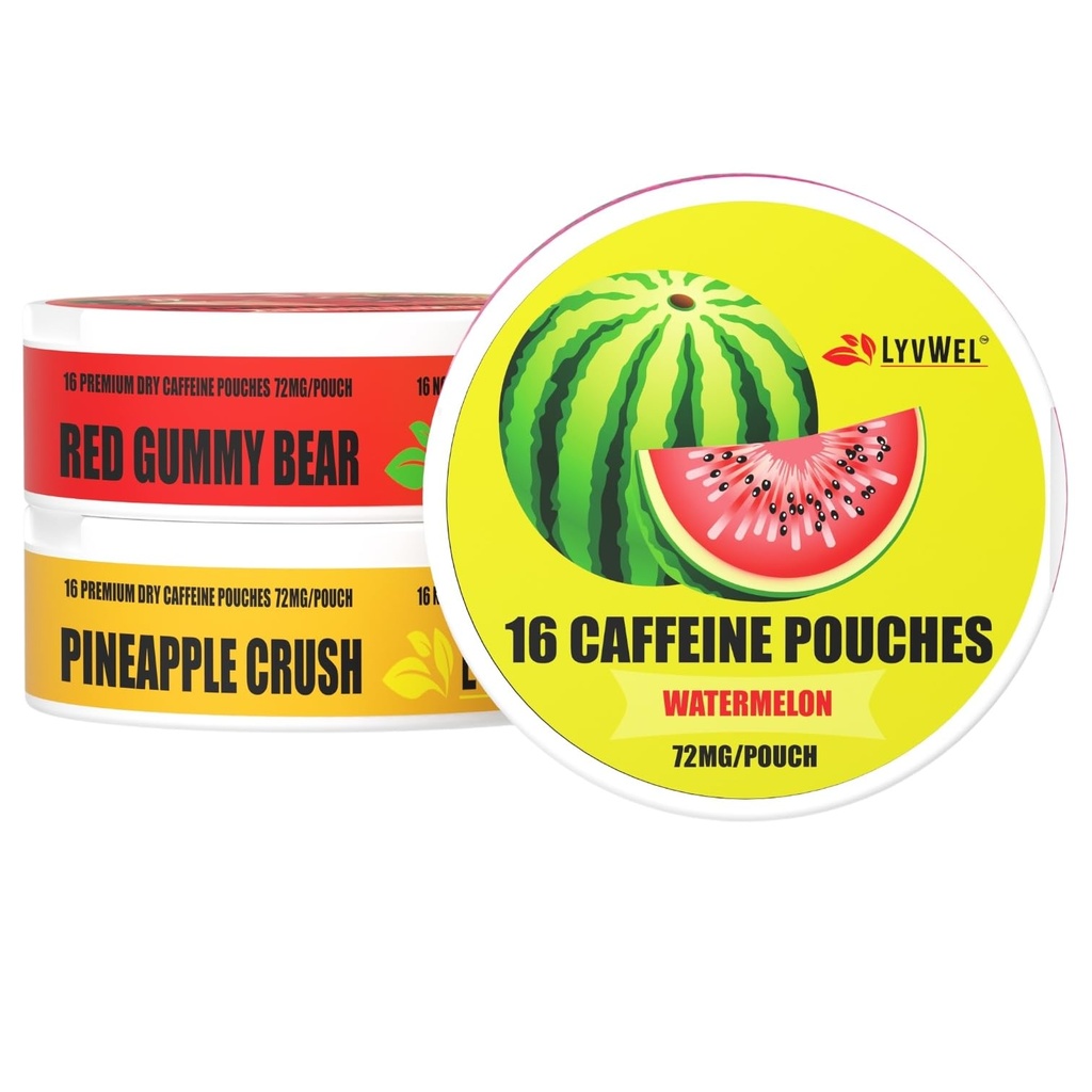 LyvWel 72mg Caffeine Energy Pouches - Meloun, Red Gummy Bear, Ananas Crush - Juicy Clean Energy with Guarana - 3- Pack (48 Total Pouches)