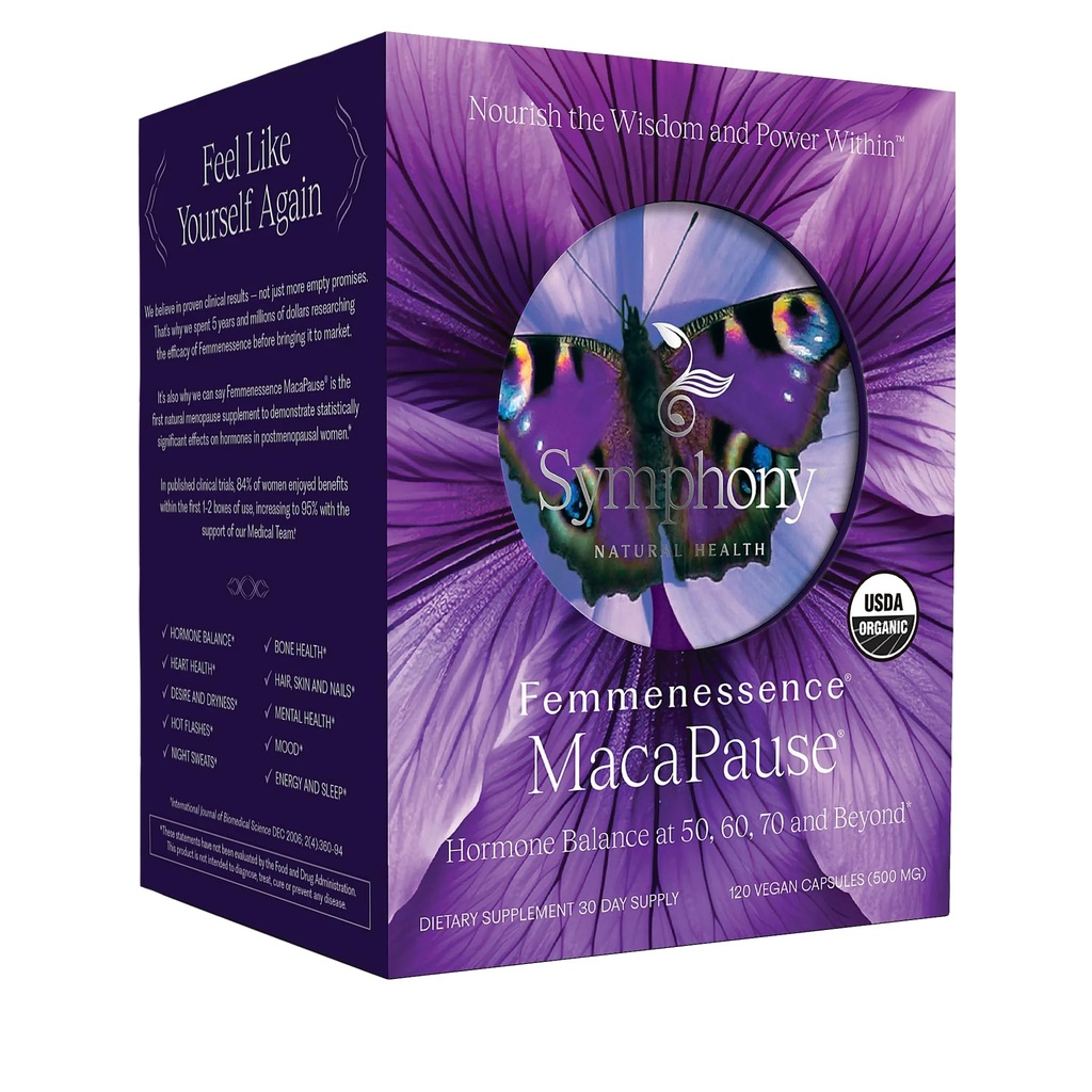 Femmenesence ® MacaPause ® - Klinicky osvědčený Postmenopauzální dodatek pro přírodní hormonální rovnováhu, Menopauza Symptomatická úleva, Kostní a srdeční zdraví, bez přidaných hormonů (120 kapslí, 30 denní dodávka)