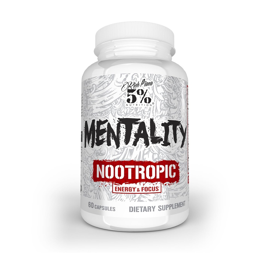 5% Nutrition Rich Piana Mentality Nootropní Blend 124; Mozkový Booster doplněk pro výkon, paměť, Duševní jasnost 124; Ginseng, Ginkgo, L-Theanine, Cholin, Huperzine, 60 Kapsle (30 Day Supply)