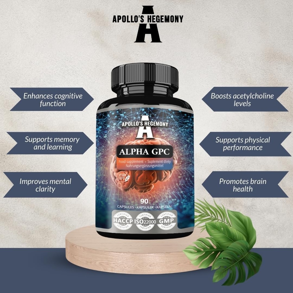 APOLLO 'S HEGEMONY Alpha- GPC 600mg na denní dávku - 90 Vegan Cholin Kapsle - 99% Cholin Alfoscerát Dietní dodatek - Lipid Choline - Paměťové a koncentrační kapsle