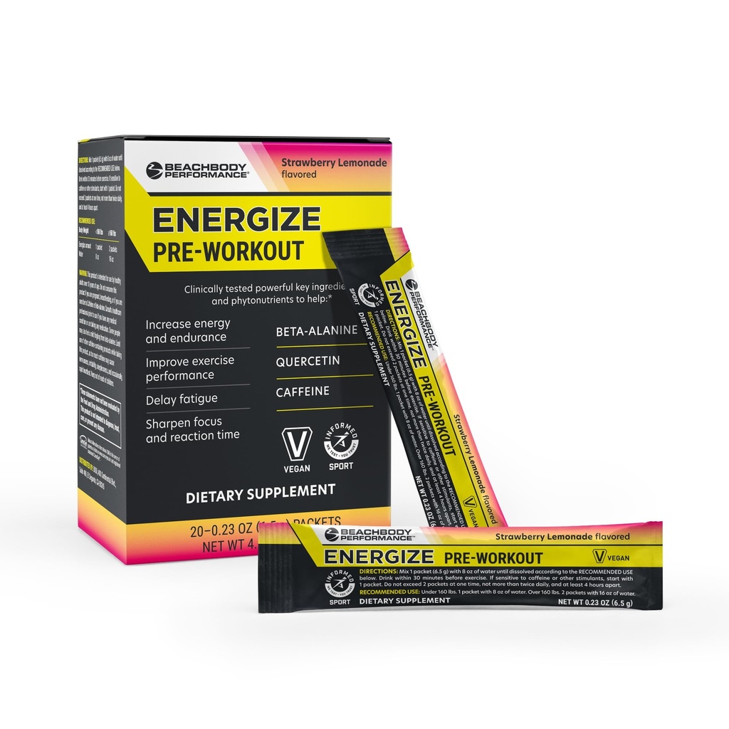 BODI Energize Pre Workout Powder - Beta- Alanin, Quercetin & Low- Dávka kofeinu Formule pro zlepšení energie a zaměření, Zvýšení energie a vytrvalost Dodatek, Jahodová citronáda ochucená, 20 Sticks
