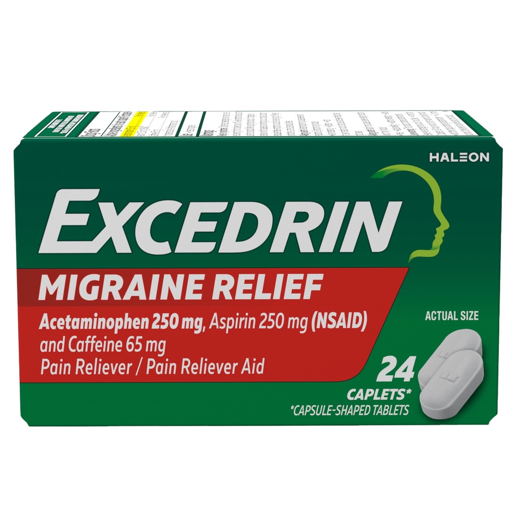 Excedrin Migréna Relief Caplet for Migréna Symptoms, Acetaminophen 250mg, Aspirin 250mg, Caffeine 65mg, Pain Reliever, 24 Počet