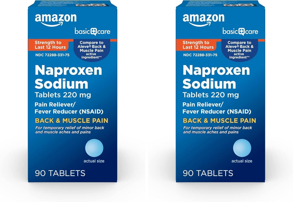 Basic Care Back and Muscle Pain, Naproxen Sodné tablety 220 mg, Reliever Pain and Fever Reducer, for Backup, Muscle Aches, Minor Artritis Pain, Head and More, 90 Count (Pack of 2)