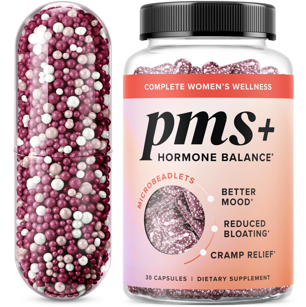 PMS Support Dodatek pro ženy s PMS Relief 124; Hormonální Acne, Hormon Balance & Period Relief 124; Chasteberry doplňky 124; Mikrobeadlets s Dong Quai, Cranberry & Vitamin B6 Relief 124; Non- GMO 30ct