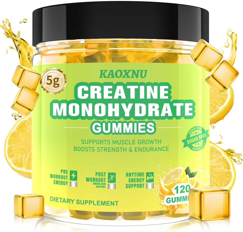 Kreatin- monohydrát Žvýkačky 5600mg pro muže a ženy, 120 CT Žvýkací gumy pro podporu svalů, Energy Boost, 5.6g kreatin- monohydrát na servírování - Cukr zdarma, Vegan (Lemon Flavor)