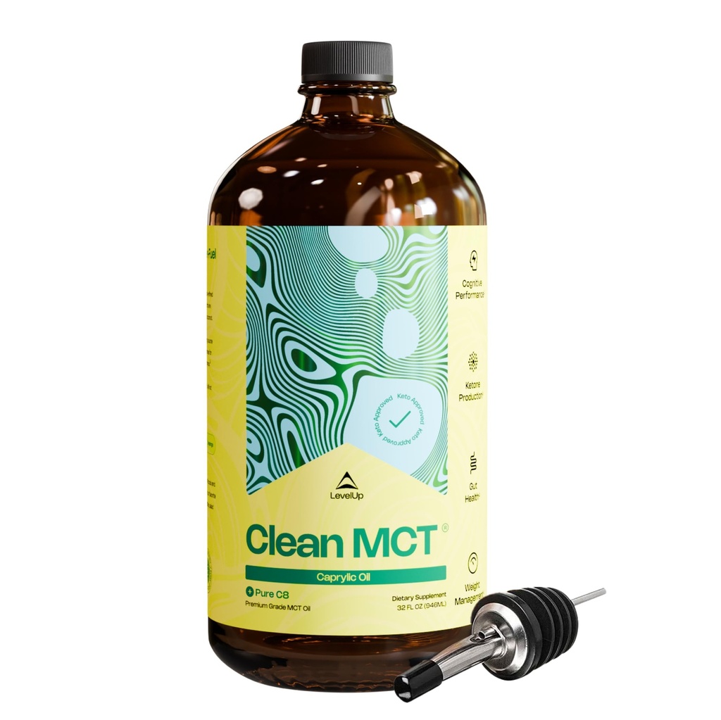 Úrovně čisté MCT Olej - 100% Kaparin C8 pro energii, Focus, Gut Health, Brain Superfuel - Keto dodatek pro Ketogenní kávu a ketony - Non- GMO (32 oz skleněná láhev)