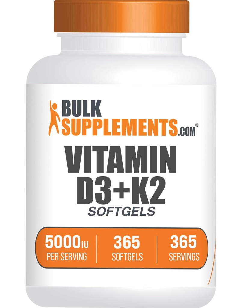 BulkSupplements.com Vitamin D3 + K2 5000 IU Softgels - D3 K2 dodatek, pro imunitní zdraví - Gluten Free, 1 Softgel per Serving, 365 Počet (balení po 1)