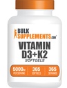 BulkSupplements.com Vitamin D3 + K2 5000 IU Softgels - D3 K2 dodatek, pro imunitní zdraví - Gluten Free, 1 Softgel per Serving, 365 Počet (balení po 1)