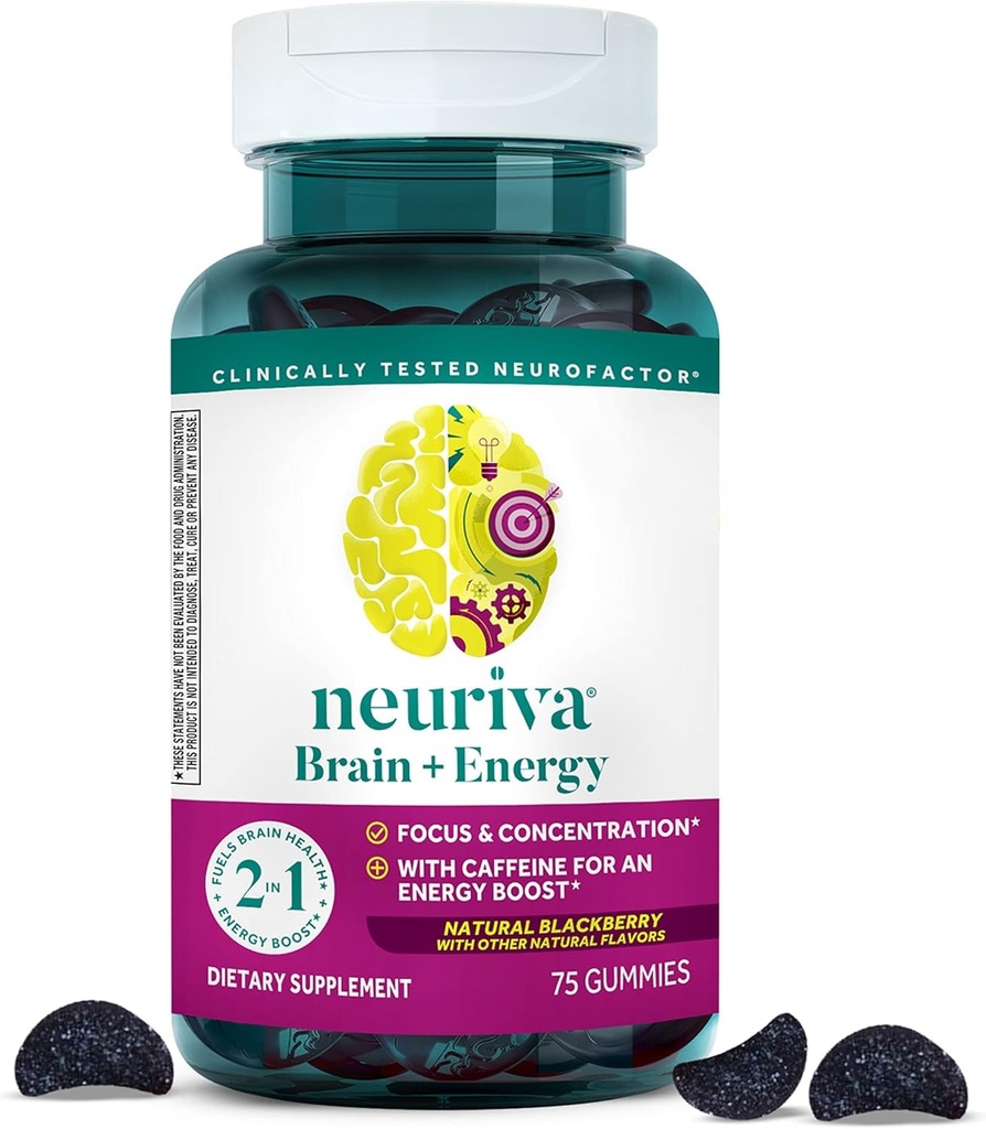 NEURIVA Brain + Energy Gummies, Nootropic Brain Supplementary for Focus and Concentration with Neurofactor, Vitamin B12 & Caffeine for an Energy Boost *, 75ct Natural BlackBerry