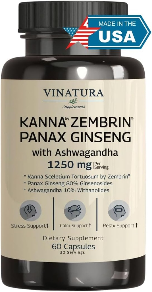 VINATURA Kanna Zembrin Sceletium Tortuosum - 50mg Kanna / Serving, with Ashwagandha, Ginseng * Brain Health, Stress Relief Support * Panax Ginseng 80% Ginsenosids Ashwagandha Kapsle 10% Witanolides