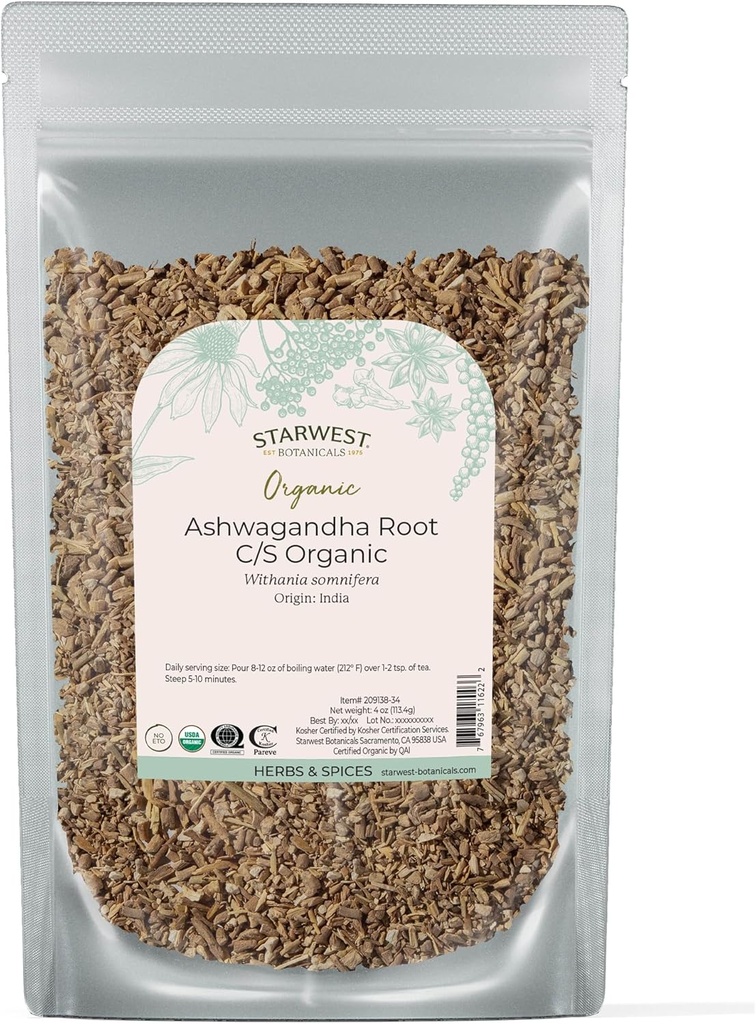 Starwest Botanicals Organic Ashwagandha Root for Women & Men - Sušený Herb for Tea, Kapsle, & Přírodní Bylinné směsi, Cut & Sifted, Certified Kosher, Non- GMO - 4 oz Pouch