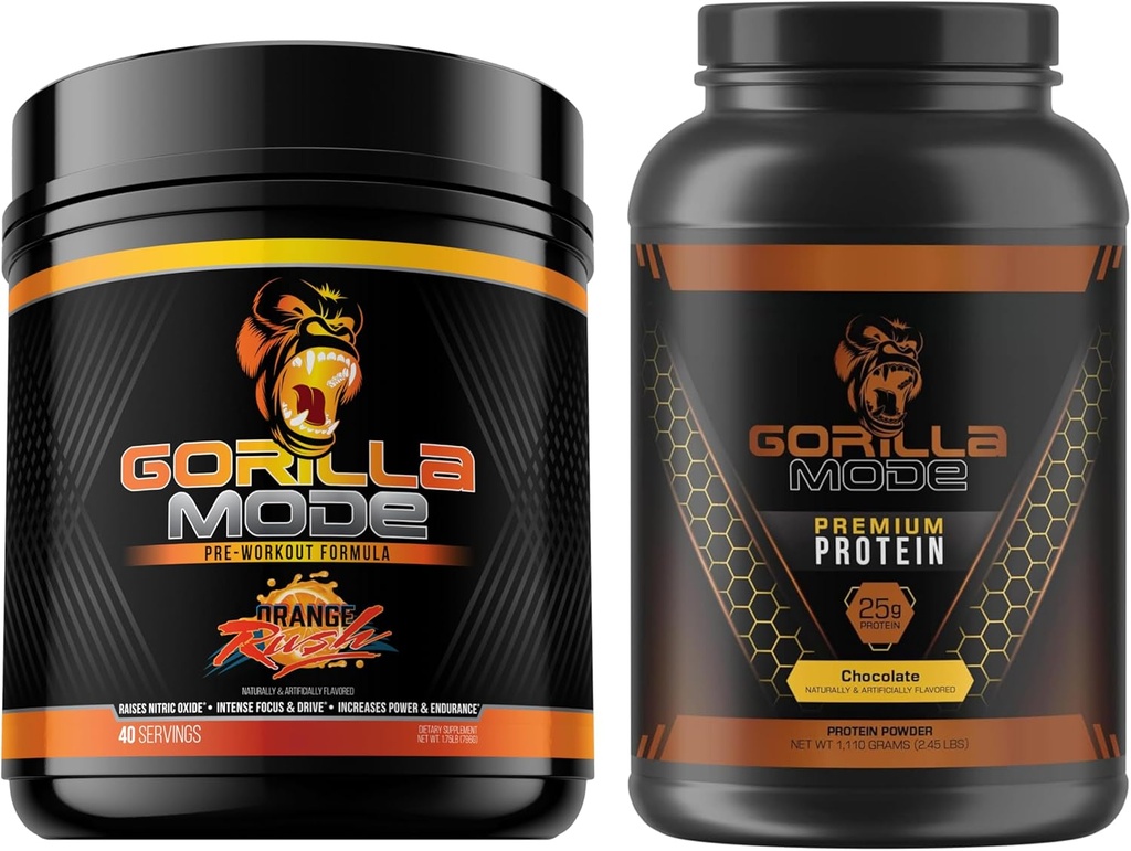 Gorila Mind Pre Workout (Orange Rush) + Premium syrovátkový protein (čokoláda) - Komplexní zásobník pro fueling maximální výsledky